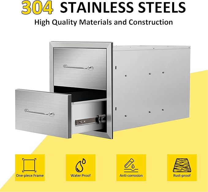Outdoor Kitchen Drawers 14" W x 15" H x 23" D Flush Mount Double BBQ Drawers with Chrome Handle Stainless Steel Drawer for Outdoor Kitchen Island, Patio Grill Station