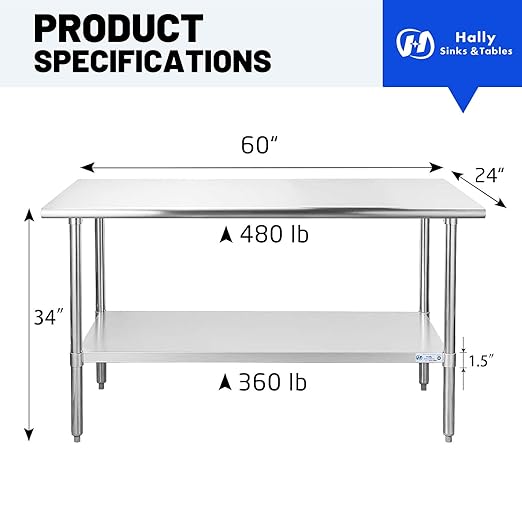 Hally Stainless Steel Table for Prep & Work 24 x 60 Inches, NSF Commercial Heavy Duty Table with Undershelf and Galvanized Legs for Restaurant, Home and Hotel