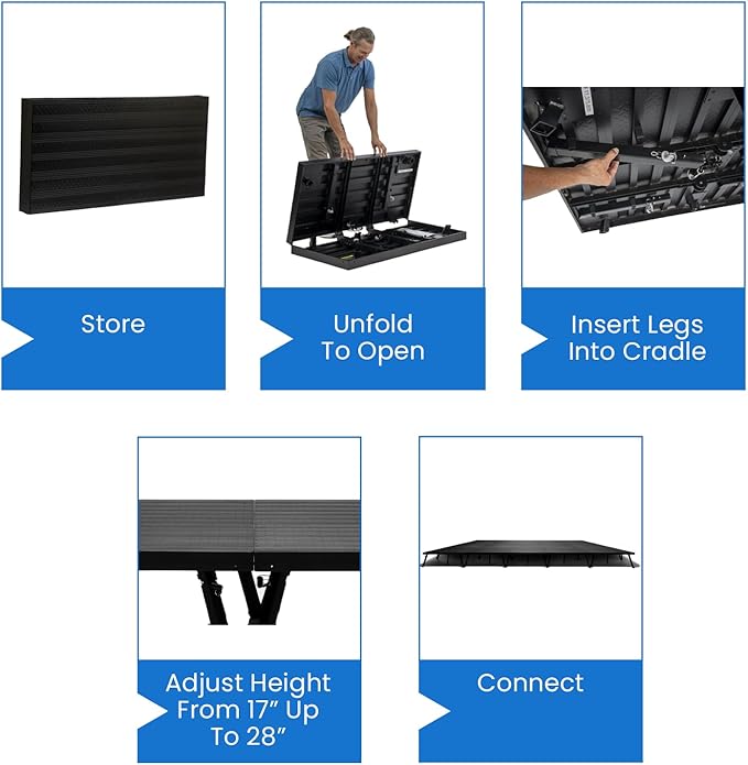 4'x12' MYSTAGE 3 Stage Platform - Portable, Folding Lightweight Aluminum Performance Deck with Adjustable Height 17"-28" - US Patented Design