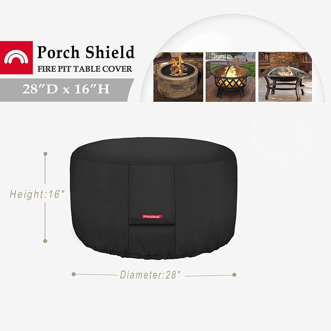 Porch Shield Fire Pit Cover - Waterproof 600D Heavy Duty Fade Resistant Round Patio Fire Bowl Cover Black - 28 inch
