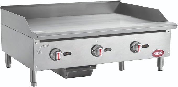 Kratos 36" Wide Commercial Countertop Griddle, Gas Hot Plate for Restaurants, Manual Controls, 3 Independent Burners, Powerful 90,000 BTU Output (29Y-005)