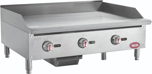Kratos 36" Wide Commercial Countertop Griddle, Gas Hot Plate for Restaurants, Manual Controls, 3 Independent Burners, Powerful 90,000 BTU Output (29Y-005)