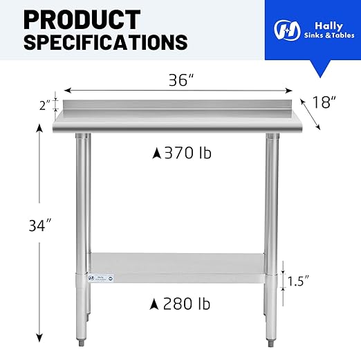Hally Stainless Steel Table for Prep & Work 18 x 36 Inches, NSF Commercial Heavy Duty Table with Undershelf and Backsplash for Restaurant, Home and Hotel