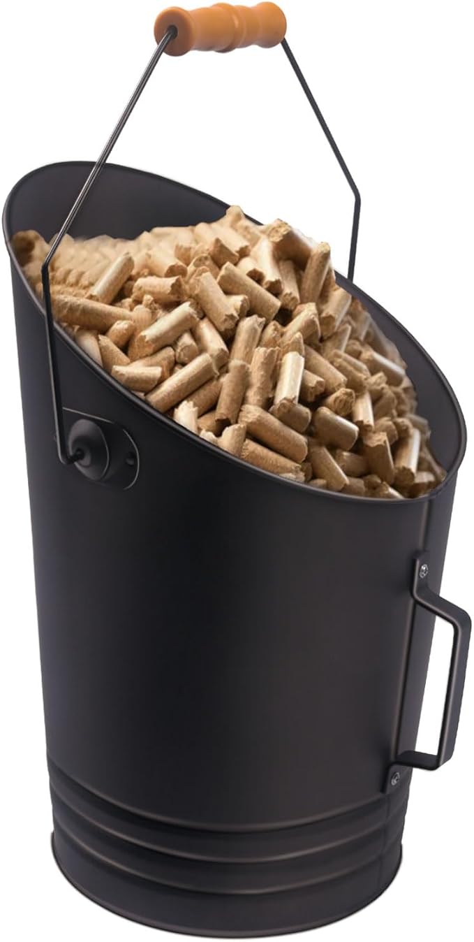 GameXcel Pellet Bucket - 2.64 Gallon Metal Container - Heat-Resistant Steel Bin for Hot Ash Pellets Firewood - Convenient Ash Disposal with Handle