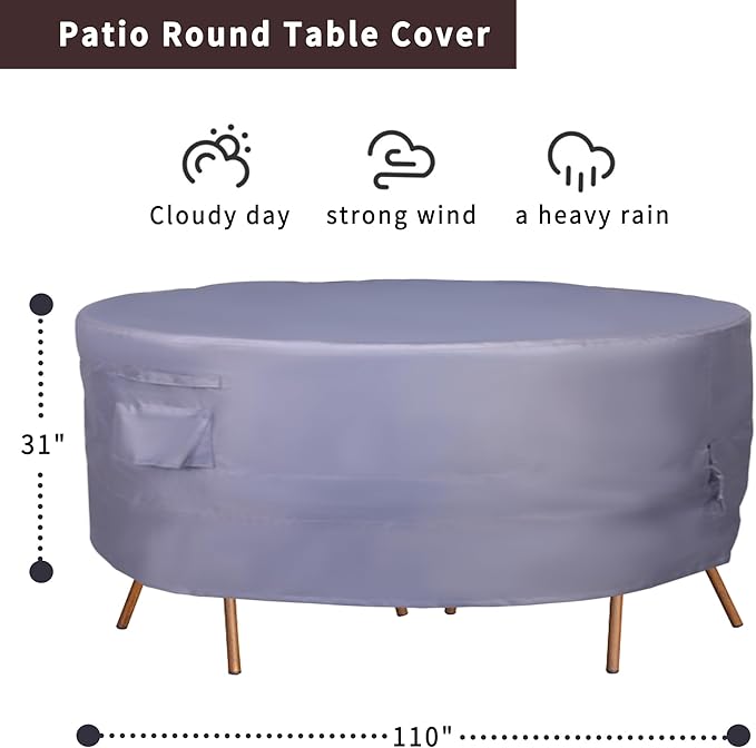 Round Patio Furniture Cover, Heavy Duty and Waterproof for Outdoor Furniture covers, Round outdoor table cover, Patio table cover 110"DIA x 31"H Grey