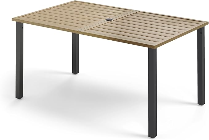 Outdoor Patio Dining Table for 6, 60" x 36" Rectangular Metal Patio Dining Table with Umbrella Hole and Wood-Like Tabletop, All Weather Wrought Iron Outdoor Table for Backyard and Porch