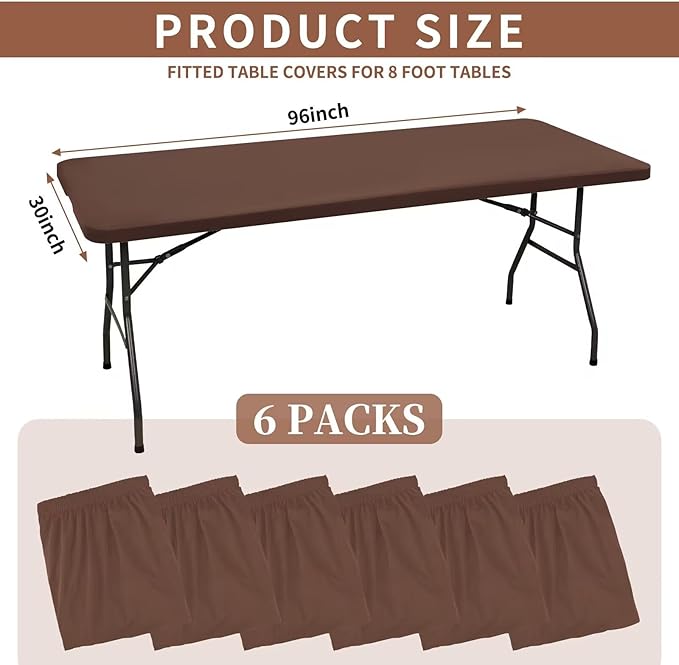 6 Pack Stretch Fabric Table Top Cap Cover, fits 8' Tables, Spandex Table Covers Washable Elastic Rectangle Tablecloth Protector for Indoor Outdoor Party Picnic Wedding, Coffee, 30" W x 96" L
