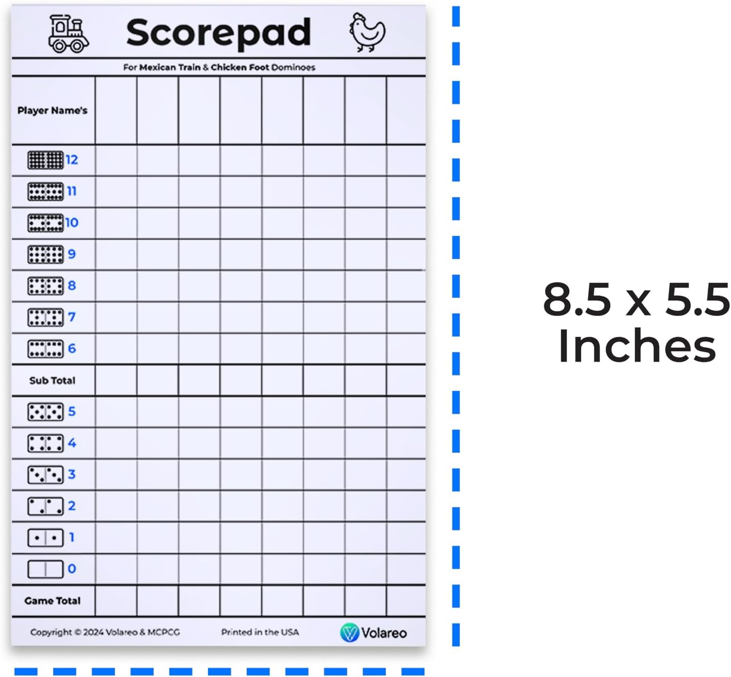 Mexican Train and Chicken Foot Dominoes Score Pad - 100 Scoring Sheets per Scorepad, 8.5 x 5.5 Inches - Score Sheets for Double 12 Domino Sets, White, VO-320