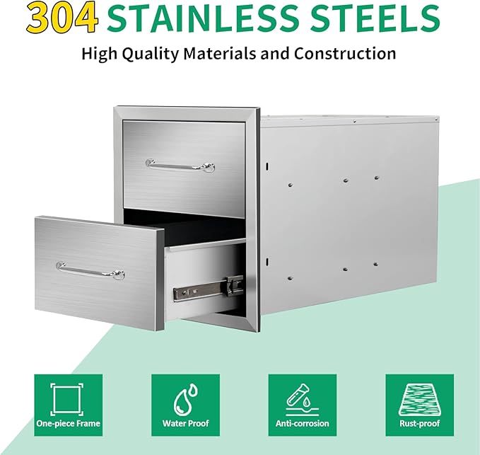 Outdoor Kitchen Drawers 14" W x 15" H x 23" D Stainless Steel Double Drawers with Ergonomic Handle for BBQ Island, Patio Grill Station & Outdoor Kitchen Cabinets