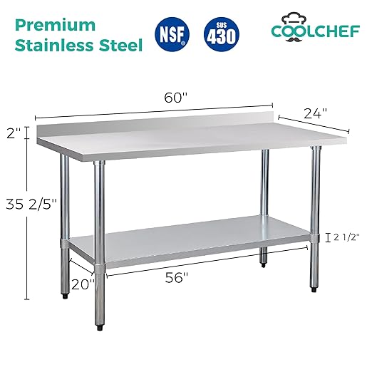 Stainless Steel Work Table 24 x 60 Inch, NSF Commercial Prep Table with Undershelf, Heavy Duty Food Prep Workstation with Backsplash