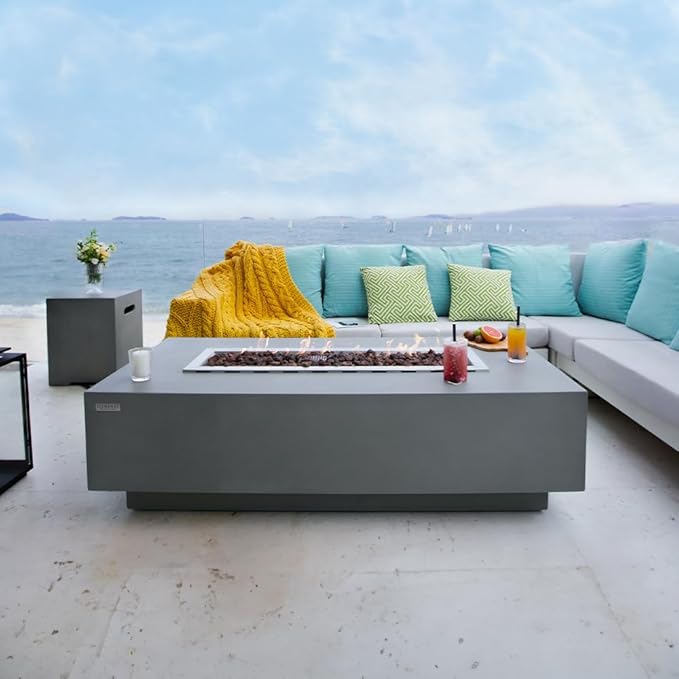 Elementi Granville Fire Pit Outdoor Firepit Set Includes 60” Propane Concrete Firepit Table, Glass Windscreen, Stainless Steel Cover, Tank & Canvas Cover, Floor Mat and Beverage Tub