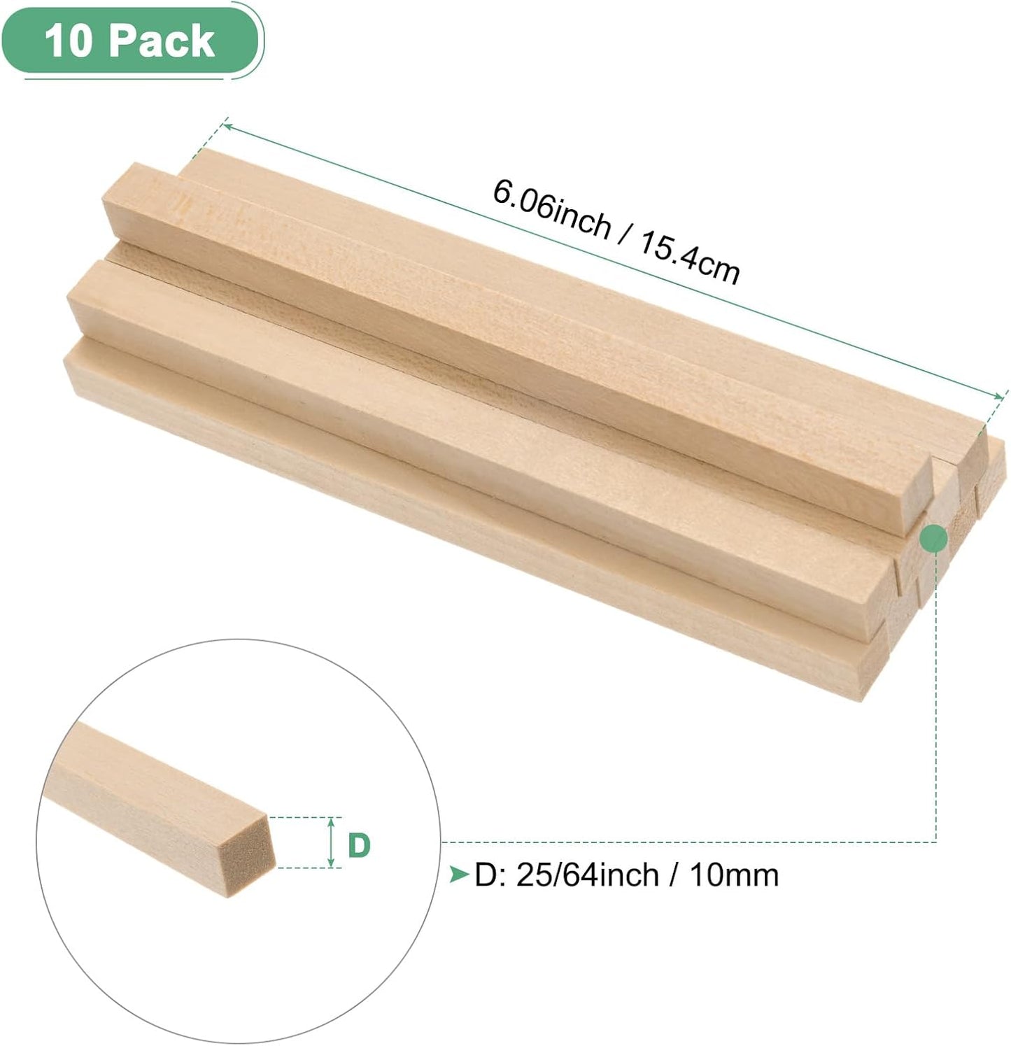 10-Pack Wood Square Dowel Rods, 25/64 x 6 Inch Unfinished Wooden Square Dowel Rod, Hardwood Square Dowel Sticks for Crafts/DIY Projects/Models Making [Wood Color]