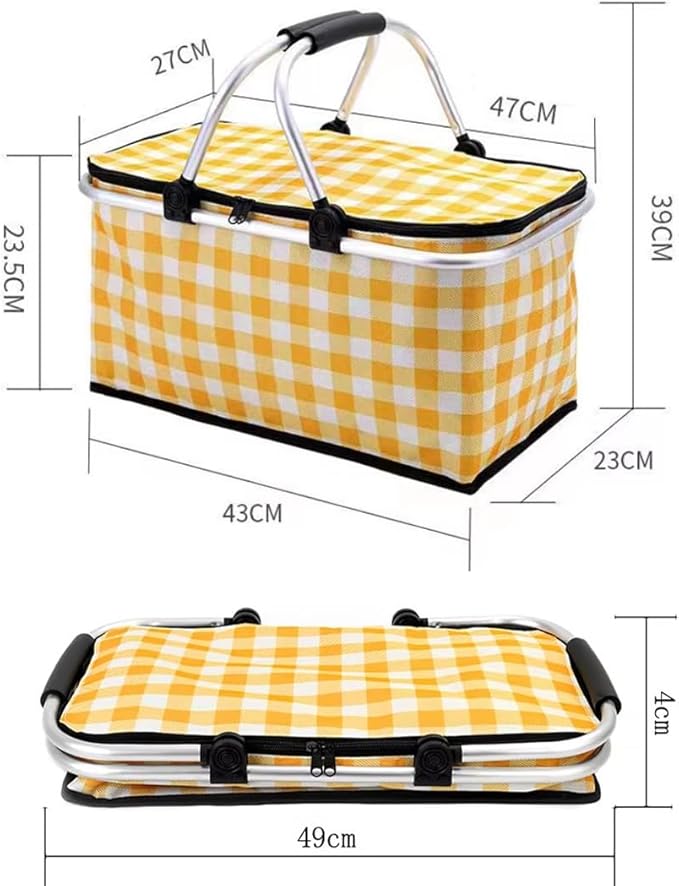Insulated Picnic Basket Cooler Bag with Leak-Proof Liner, 26L Large Capacity for 12 Adults, Picnic Basket with Sturdy Handles for Outdoor Activities, Travel, Beach, Camping (Yellow)