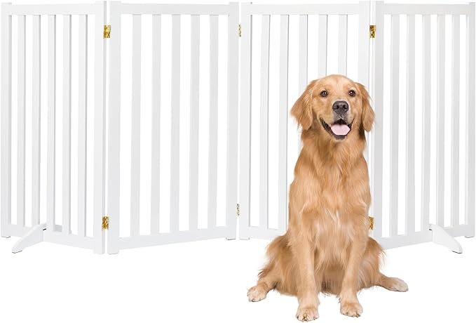 36" Height Extra Tall Freestanding Pet Gate, Solid Wood Folding Safety Fence Wooden Dog Gate with 2 PCs Support Feet Ideal for Stairs, Doorways, Halls, Kitchens, Heavy Duty Gates, 4 Panels, White