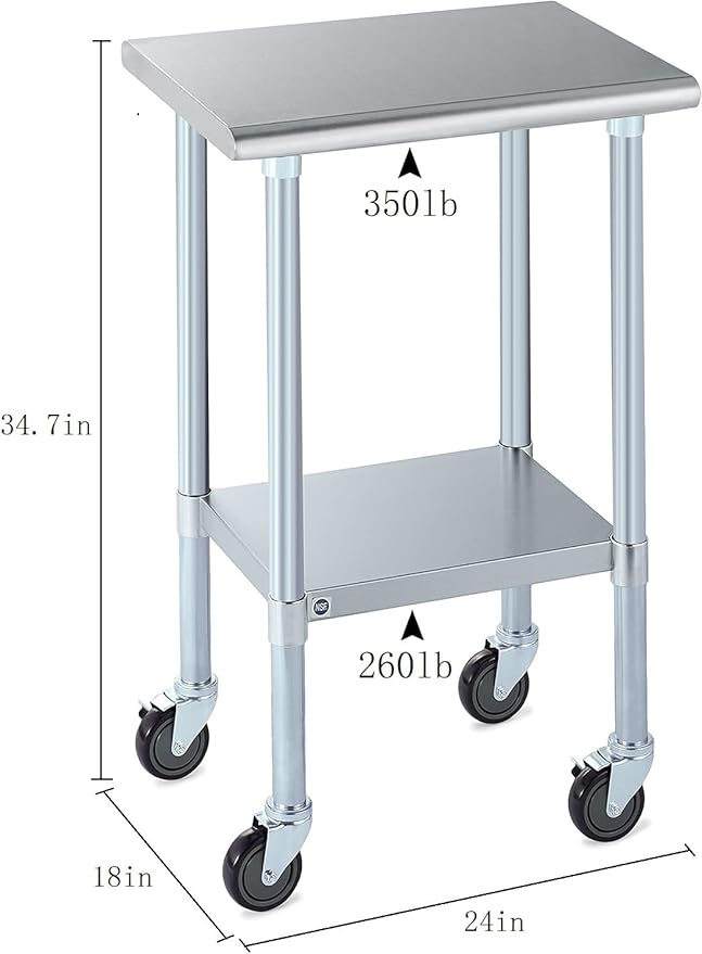 ROCKPOINT Stainless Steel Table for Prep & Work with Caster Wheels 18x24 Inches, NSF Metal Commercial Kitchen Heavy Duty Table with Adjustable Under Shelf and Table Foot for Restaurant, Home and Hotel