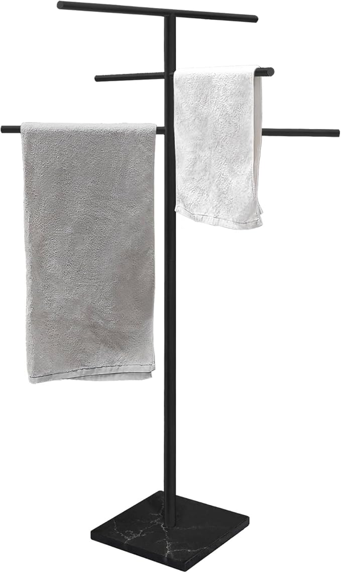 Marble Base Outdoor Standing Towel Rack for Swimming Pool, Hot Tub Or Spa, 304 Stainless Steel 6 Arms Standing Towel Sheet Holder Blanket Drying Rack Matte Black