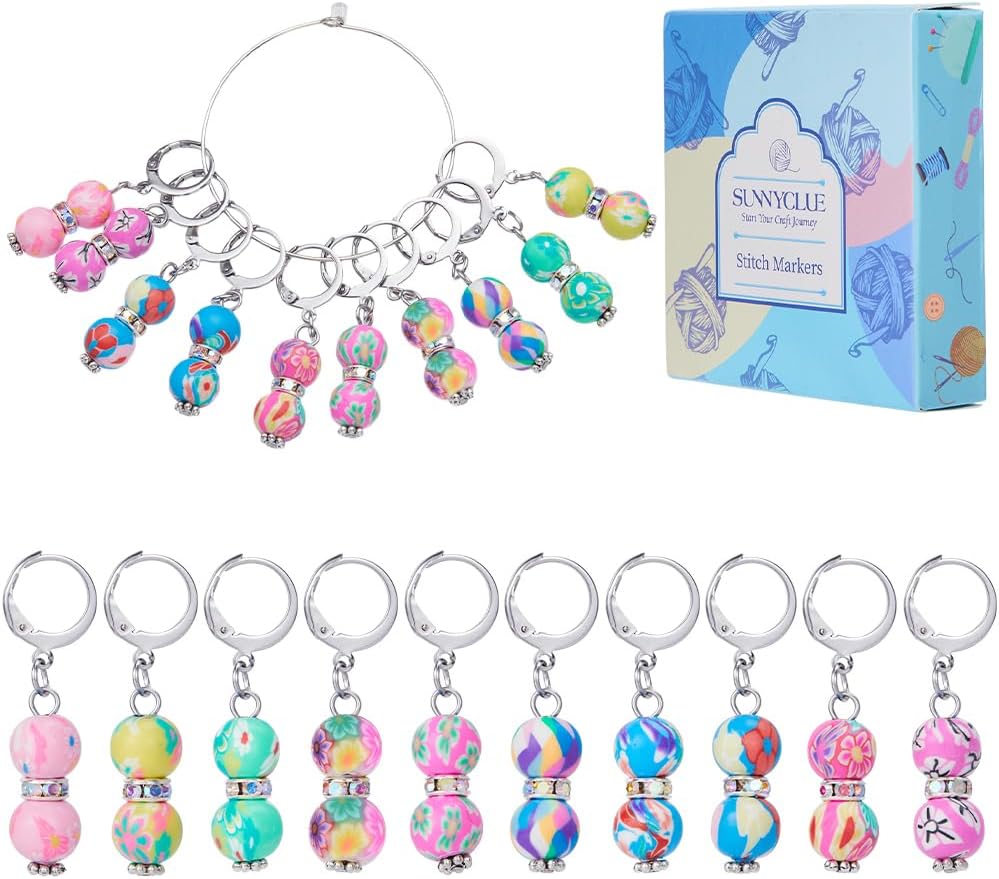 SUNNYCLUE 1 Box 20Pcs Stitch Markers Crochet Stitch Marker Cute Round Polymer Clay Beads Charms Clip On Removable Leverbacks Zipper Pull Charm Locking Knitting Markers for Yarns DIY Sewing Quilting