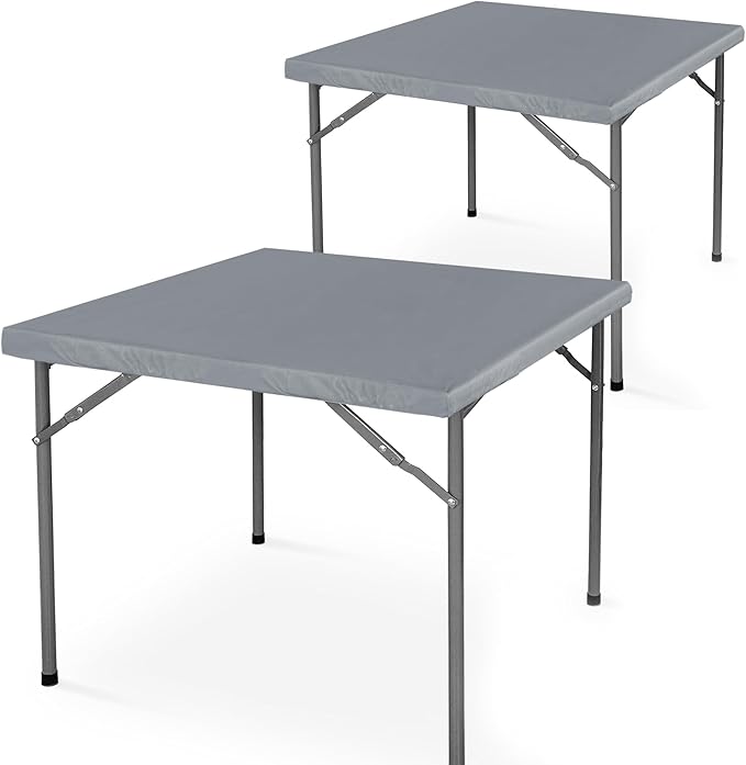 LUSHVIDA 2 Packs Vinyl Card Tablecloth with Flannel Backing 48x48 inch - Waterproof Plastic Picnic Table Cover for Square Folding Table Cloth with Elastic Corners, Light Gray