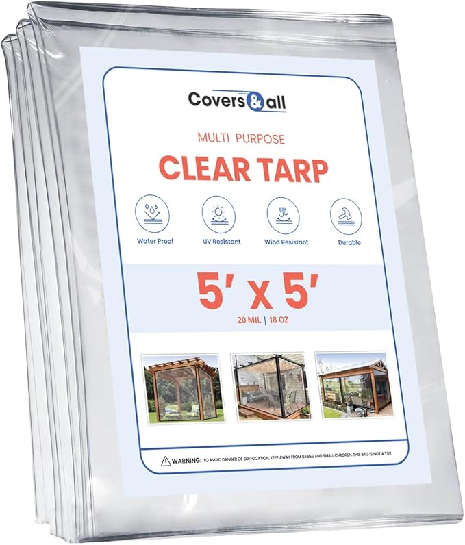 Covers & all Heavy Duty Multipurpose Clear Tarp with Grommets, Waterproof 20mil Vinyl Material (5' H x 5' W feet), Designed for Indoor or Outdoor Use