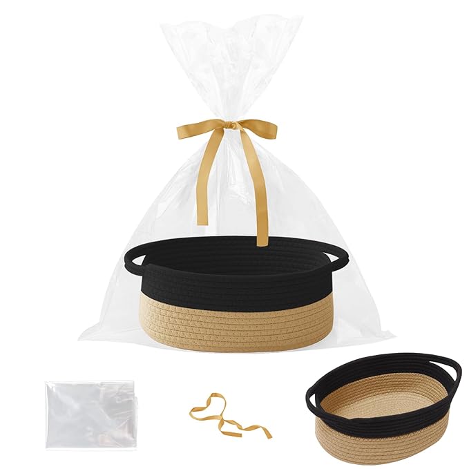 Gift Basket with Gift Bag and Ribbons,Small Rope Woven Shelf Storage,Baskets for Gifts Empty,Birthday,Baby Shower,Decorative Organizer Box with Handles(Black&Jute)
