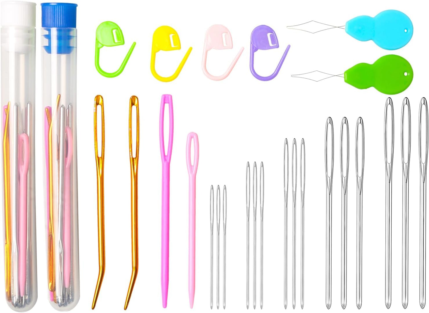 Hekisn 45Pcs Large Eye Blunt Yarn Needles Kit, Assorted Sizes Bent Tapestry Darning Needle, Sewing With Threaders & Stitch Markers for Knitting Crochet (Blue&White)