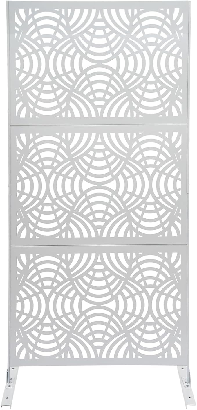 Metal Outdoor Privacy Screen with Stand,Freestanding Privacy Screen & Panels, Decorative Outdoor Divider with Stand Panels for Deck Patio Balcony (35.43 * 74.8in White)