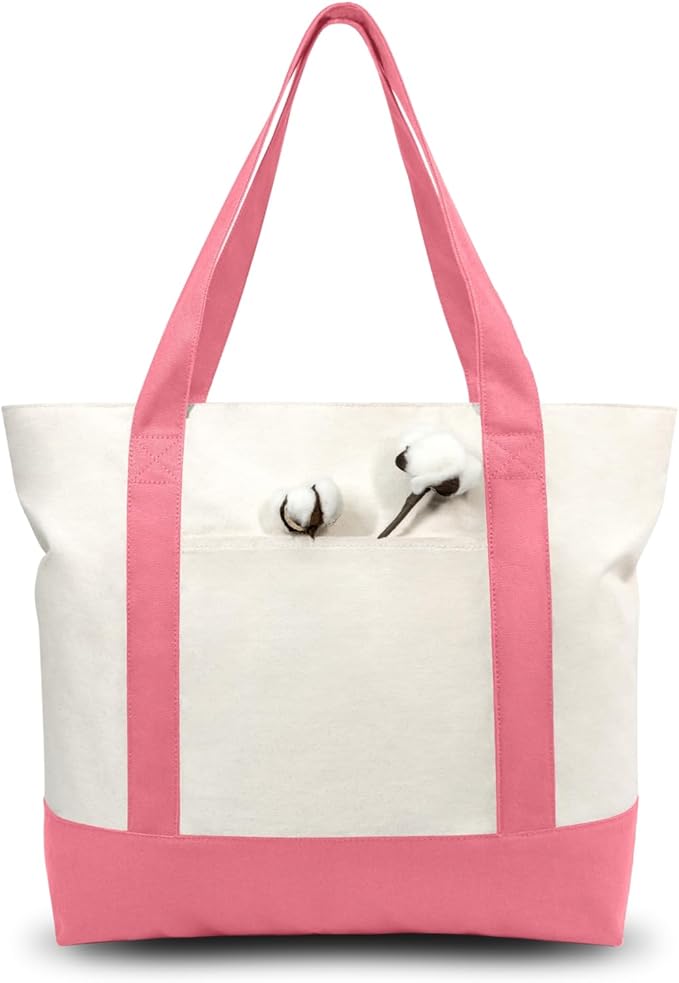 TOPDesign 1-Pack Canvas Tote Bag with an External Pocket, Reusable Grocery Shopping Bag, Top Zipper Closure, Daily Essentials (Rose Pink/Natural)
