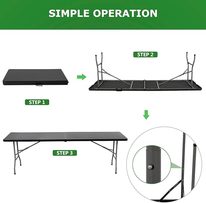 BestOffice 8 FT Picnic Table Folding Table Camping Plastic Table Fold Up Table Lock for Party Event, Black