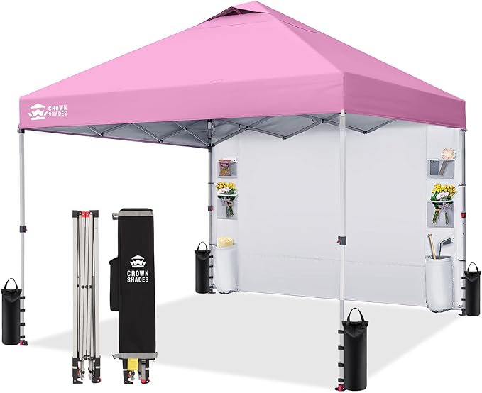 CROWN SHADES Canopy Tent, 10 x 10 Foot Portable Pop Up Outdoor Shelter with Pocket Sidewall, Push Center Lock, UV Protection, and Carry Bag, Pink