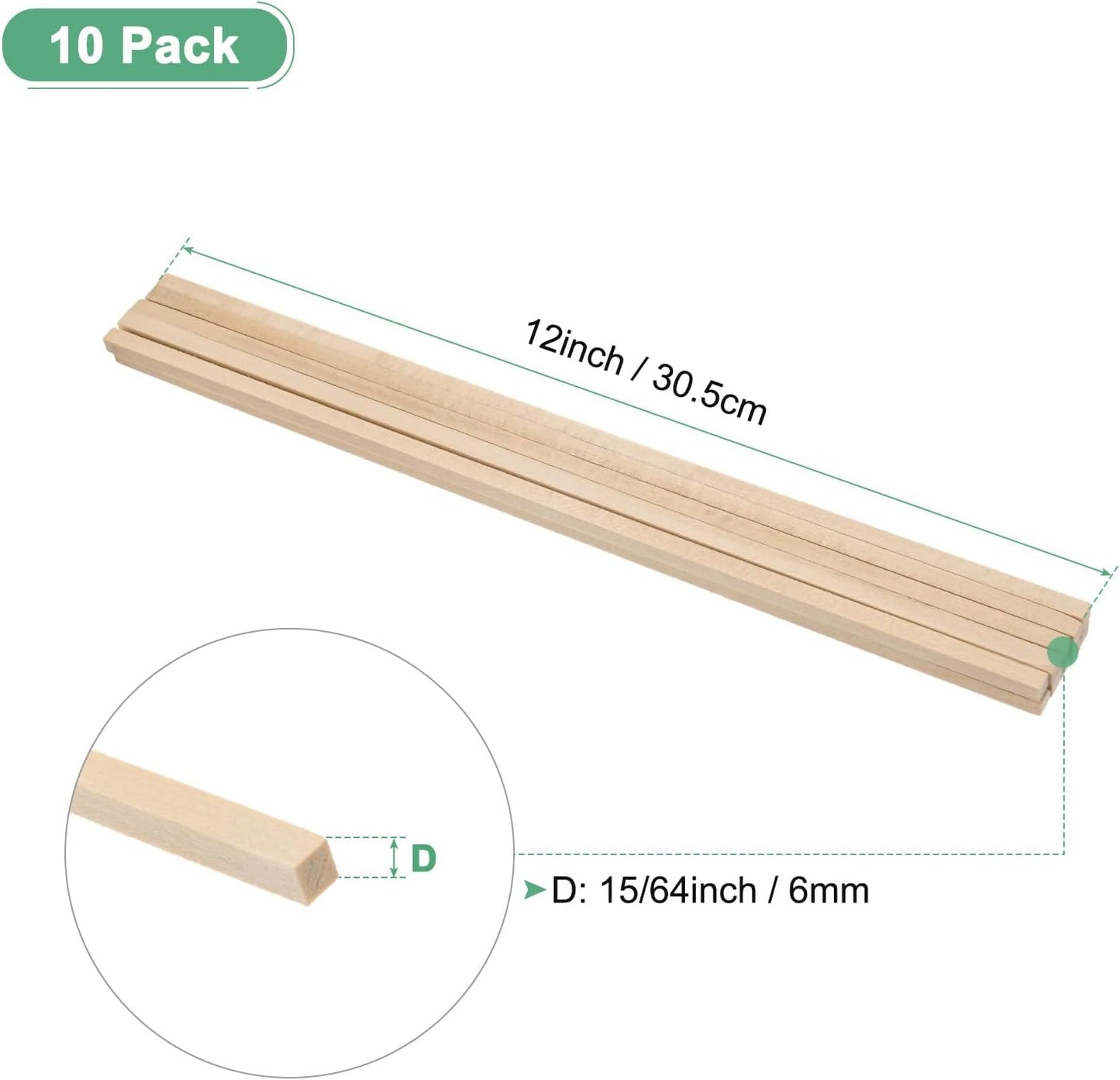 10-Pack Wood Square Dowel Rods, 15/64 x 12 Inch Unfinished Wooden Square Dowel Rod, Hardwood Square Dowel Sticks for Crafts/DIY Projects/Models Making [Wood Color]