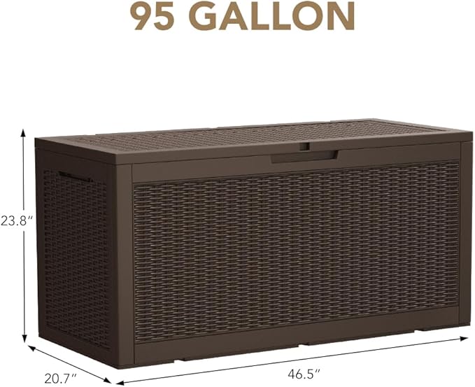 Devoko 95 Gallon Deck Box Large Resin Outdoor Storage Box, Waterproof and UV Resistant Lockable for Outdoor and Patio, Large Storage Cabinet for Patio Furniture, Garden Tools and Pool Supplies, Brown
