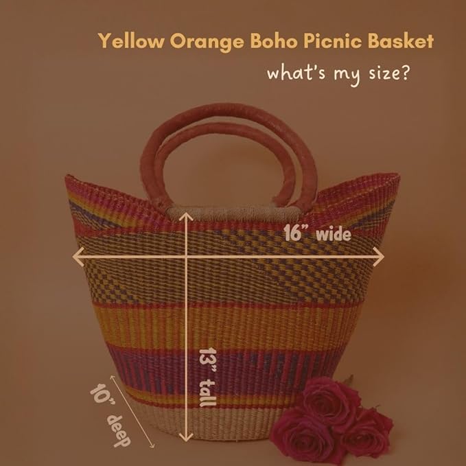 Yellow Orange Picnic Basket, Kitchen & Dining Storage, Reusable Grocery Bag, Countertop Fruits Holder, Farmers Market, Beach, Harvesting, Foraging, Decorative, Wicker, Woven, Boho Style