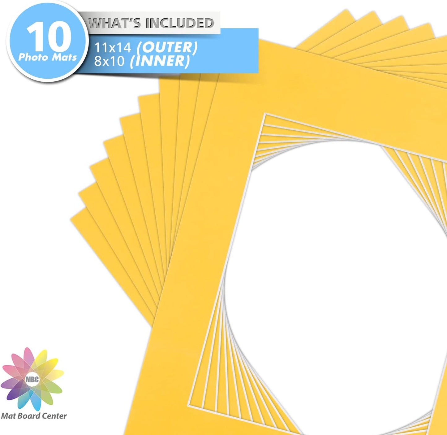 Mat Board Center, Pack of 10, 11x14 for 8x10 Deep Yellow Color Mats - Bevel Cut, Acid Free, 4-ply Thickness, White Core - for Pictures, Photos, Framing