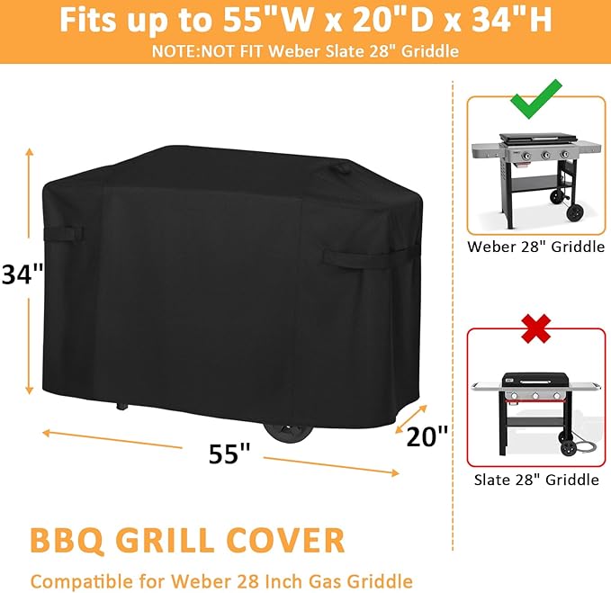 Grill Cover for Weber 28 Inch Griddle Grill Replacement 7771 Cover, Waterproof Full-Length Griddle Cover for Weber Premium 28” Griddle Grills 3 Burner 1501005 Grill Models, 55 Inch Outdoor BBQ Cover