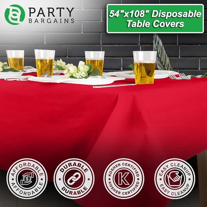 PARTY BARGAINS 40 Disposable Table Covers - 54" X 108" Real-Red Table Cover, 3 Ply Paper & Plastic Tablecloth
