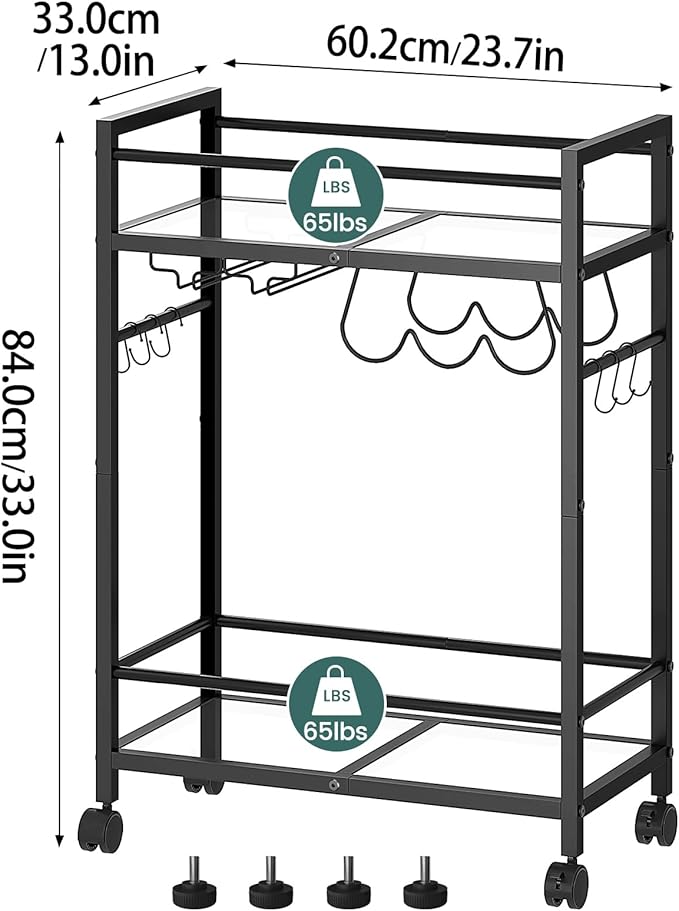 Bar Cart with Wine Rack, Serving Cart for Home, Microwave Cart, Drink Cart, Mobile Kitchen Shelf with Glass Holder, Rolling Beverage Cart for Dining Room (Black)