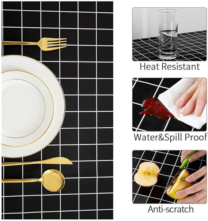 Romanstile Rectangle Vinyl Tablecloth, 100% Waterproof Oil-Proof Checkered Plastic Table Cloth, Heavy Duty Wipeable Table Covers for Dining, Camping, Picnic, Outdoor - 54 x 120 Inch, Black