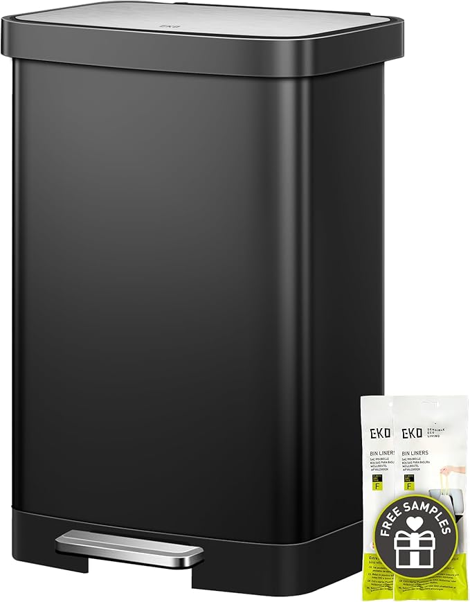 EKO Hudson 50 Liter/13.2 Gallon Kitchen Trash Can with Soft Close Lid, Stainless Steel Step Trash Can, Garbage Can with Rear Trash Bag Storage Compartment for Kitchen, Matte Black