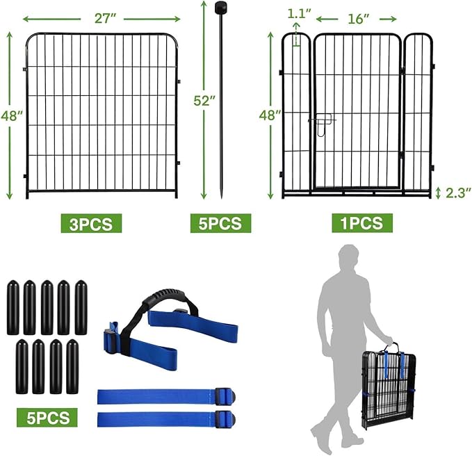 ADAVIN 48 in(H) Garden Fence, Low Threshold Door, Yard Fence for Dogs, 4 Panels Total 8.9 Ft(L) Garden Fencing Animal Barrier, Black Iron Metal Heavy Duty Pet Fences,Dog Digging Fences Barrier
