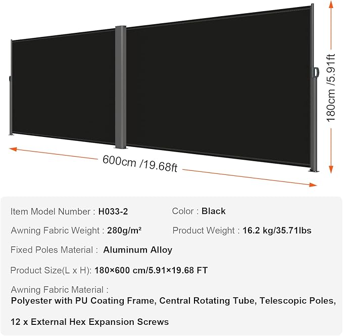 VEVOR Retractable Side Awning, UV 50 71''x 236'' Full Aluminum Rust-Proof Patio Sunshine Screen, 280 g Thicken Privacy Divider & Wind Screen for Courtyard, Balcony, Roof Terraces and Pools, Black