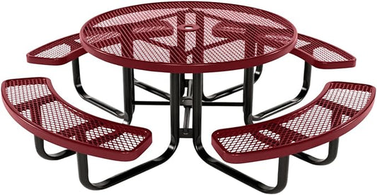 COATEDOUTDOORFURNITURE Heavy-Duty Portable Outdoor Kids Table with Umbrella Hole, Expanded Metal Kids Picnic Table, Commercial-Grade, Made in America (46 in, Round, Childrens, Burgundy)