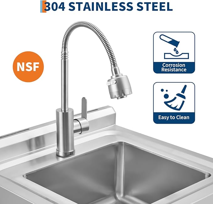 Stainless Steel Utility Sink, Free Standing Single Bowl Kitchen Sink, Adjustable Leg Height, w/Faucet,Hot and Cold Water Pipes,Commercial Laundry Tub,Hook,Storage Shelf for Indoor Outdoor Farmhouse