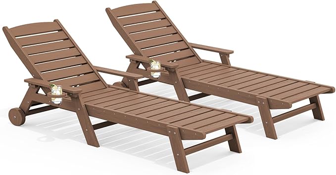 SERWALL Patio Chaise Lounge Chair Set of 2, 78'' Long HDPE Outdoor Lounger, 5 Positions Adjustable Poly Lounge Chair with Rolling Wheels & Cup Holder for Pool, Brown