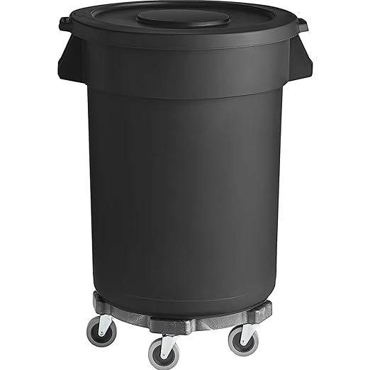 PRO&Family Commercial Round Trash Can with Lid and Dolly Rolling Waste Container, Ingredient Bin, Heavy-Duty Plastic, Anti-Static, Kitchen, Office, Outdoor Use (Black, 44 Gallon)