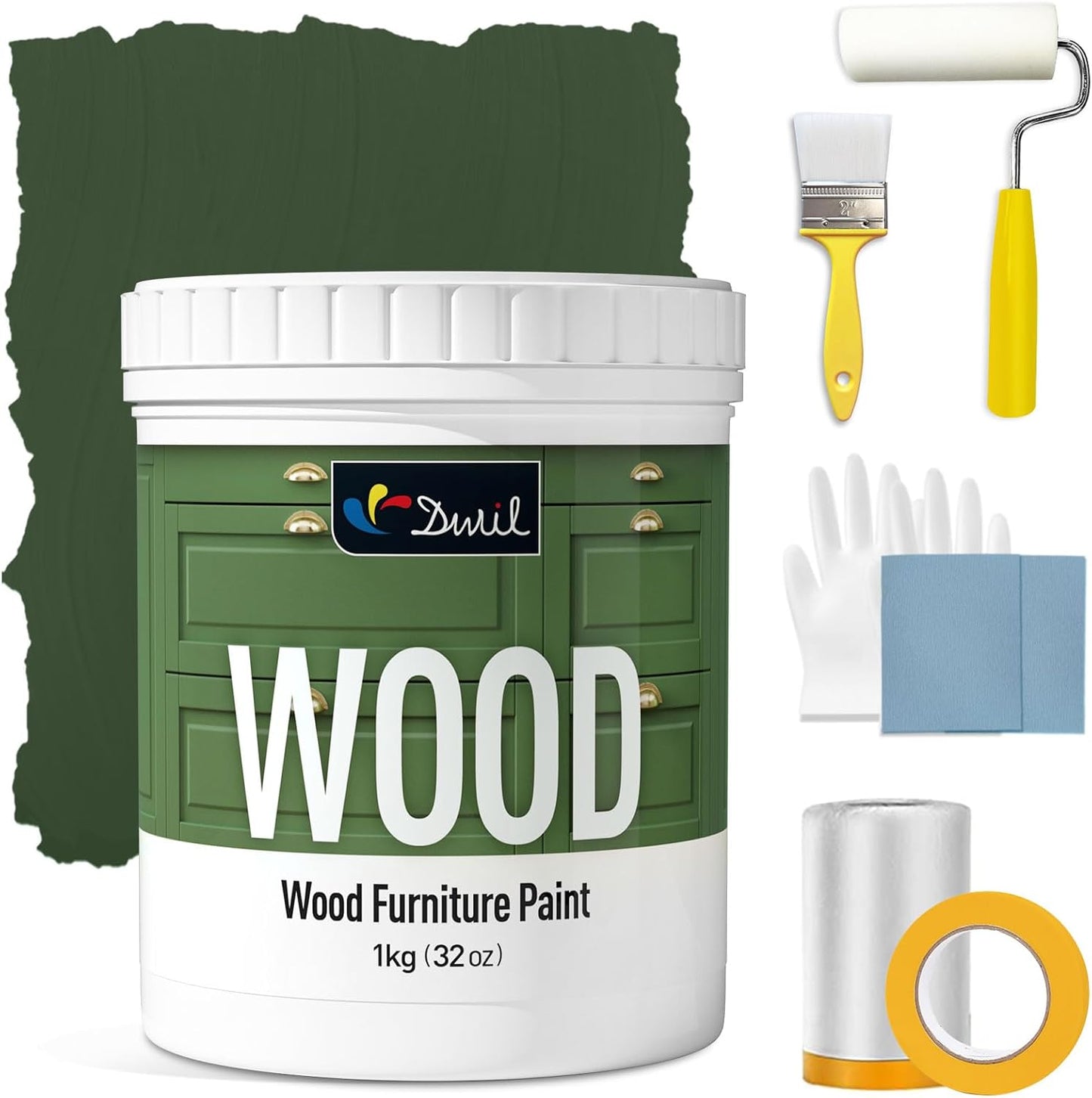 DWIL Matte Finish Furniture Paint - 32 Oz Wood Paint for Cabinets, Doors, Tables, and Dressers Refinishing - Water-Based, Non-Toxic & Odorless, Easy to Apply(Olive Green)-With Tools