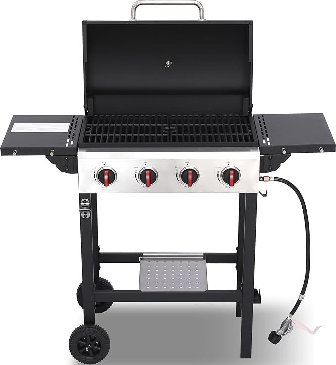 4-Burner Propane Gas Grill, 38250 BTU BBQ Grill with Cast Iron Grates, 302 Sq. In. Cooking Area, Foldable Side Shelves, Portable Outdoor Camping Patio Grill, Black