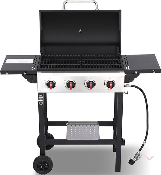 4-Burner Propane Gas Grill, 38250 BTU BBQ Grill with Cast Iron Grates, 302 Sq. In. Cooking Area, Foldable Side Shelves, Portable Outdoor Camping Patio Grill, Black