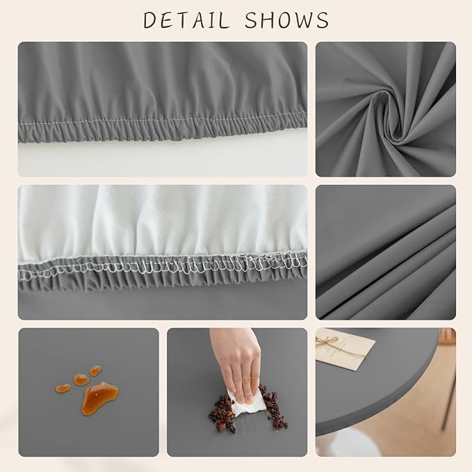 Round Fitted PU Tablecloth with High Elastic Edge 55 Inch Dia Waterproof Oil Proof Table Cloth Anti-Scald Stain-Resistant Wipeable Table Cover for Indoor Outdoor Picnic (Light Grey,55" Dia)