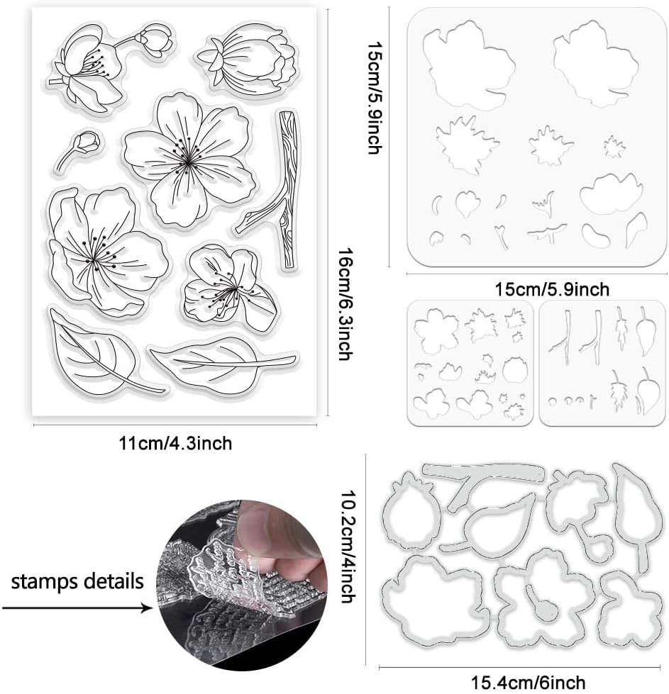 ORIGACH Realistic Peach Blossom Layering Stencils Set for Card Making, Flower Stencil Template Silicone Stamps and Die Sets for Scrapbooking DIY Crafting