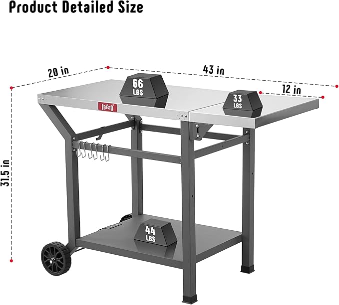 Movable Grill Table with Folding Side Table, Pizza Oven Table as BBQ Food Prep Cart with Undershelf for Outdoor & Indoor Use, 43" L x 20" W Stainless Steel Tabletop, Gray